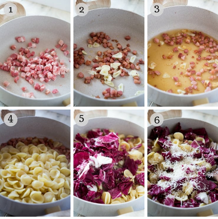 Step by step photos for how to make orecchiette pasta with pancetta and radicchio