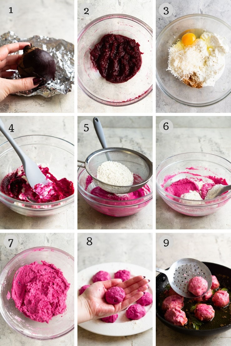 Step by step photos for making beetroot ricotta gnudi