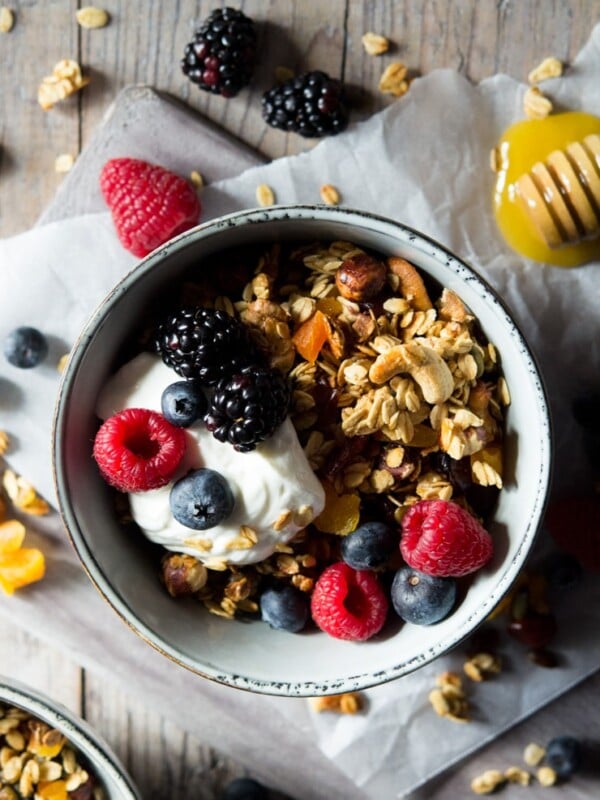 healthy granola on a bowl topped with berries