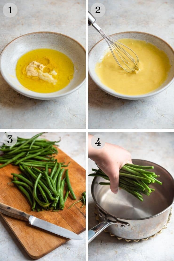 Step by step photos for making a mustard dressing for a green bean salad