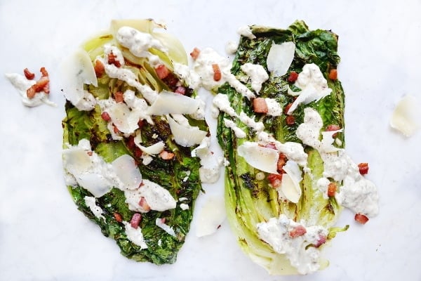 Grilled romaine lettuce with creamy caper dressing www.insidetherustickitchen.com