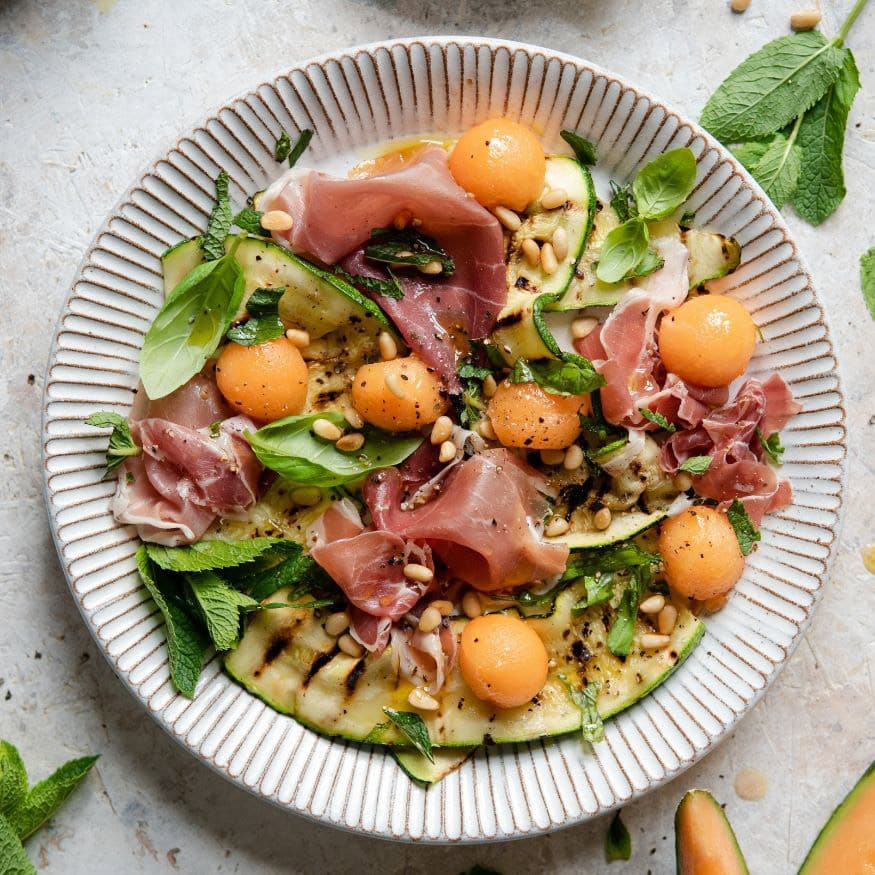 Grilled Zucchini Salad with Melon & Prosciutto