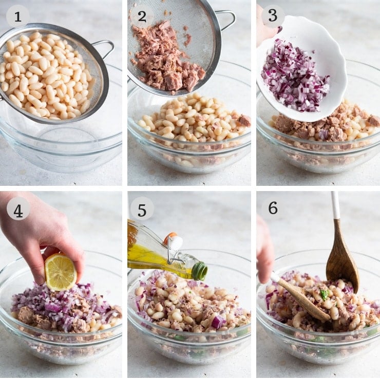 Step by step photos for making a white bean salad with tuna