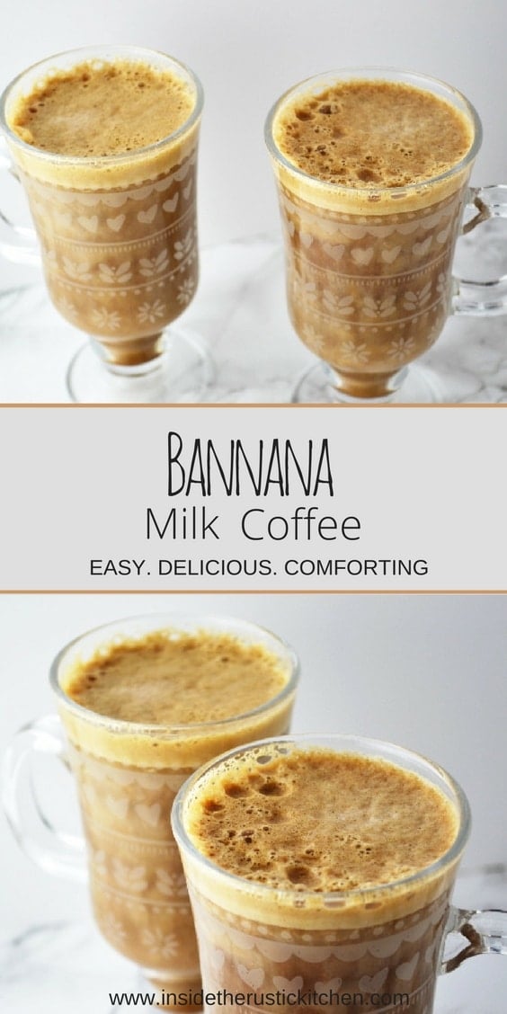 A collage image of banana milk coffee with text