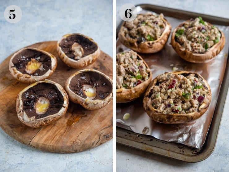 Two photos showing how to stuff mushrooms with sausage