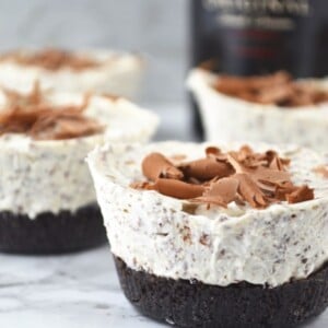 These Boozy Baileys Mini Cheesecakes are so easy to make and are the perfect festive party food, they'll be gone in no time! www.insidetherustickitchen.com