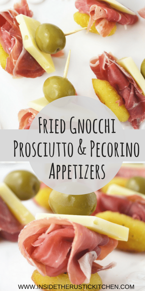 These Fried Gnocchi, Prosciutto and Pecorino Appetizers are simple and elegant, perfect for parties and entertaining! Recipe www.insidetherustickitchen.com