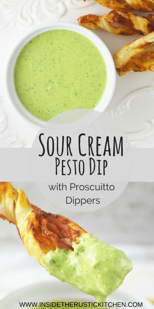 Sour cream pesto dip with prosciutto dippers www.insidetherustickitchen.com