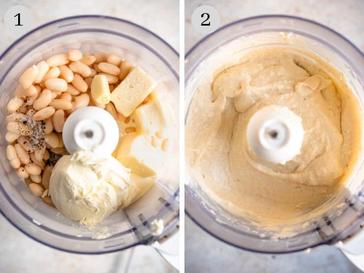 Two process shots showing how to make a white bean dip