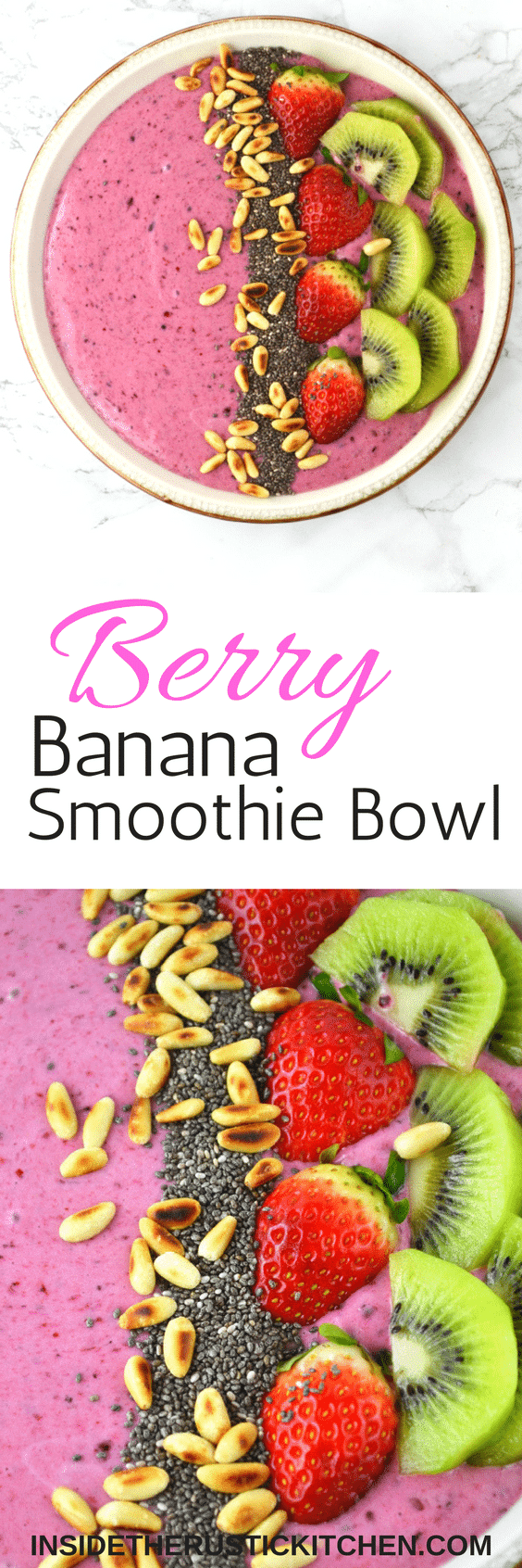 Berry Banana Smoothie Bowl with fresh fruit and pine nuts