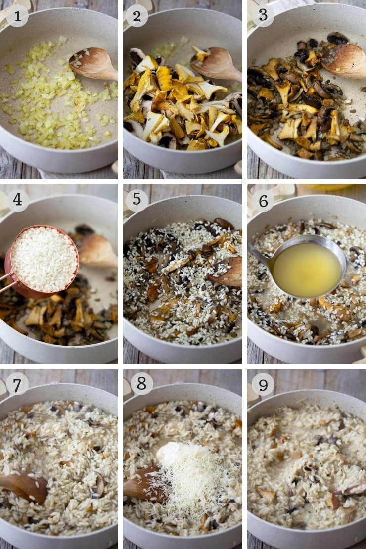 Step by step photos for making creamy mushroom risotto