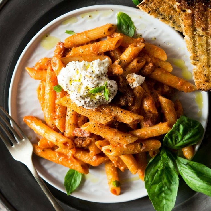 Pasta With Pancetta, Ricotta and Tomato Inside The Rustic Kitchen