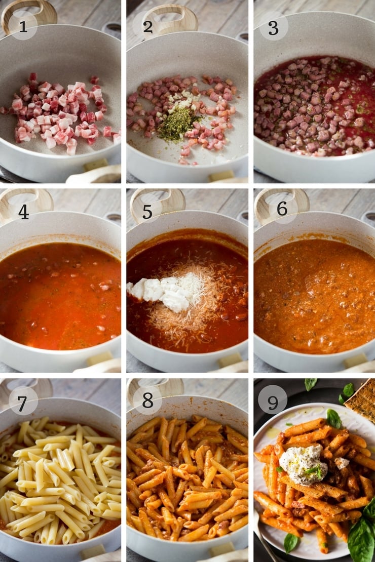 step by step photos for making pasta with pancetta, ricotta and tomato