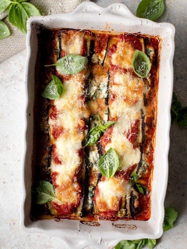 Eggplant rollatini in a baking dish