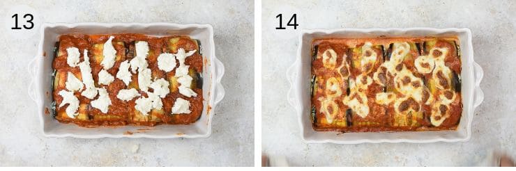 Two photos of the final stage of making eggplant rollatini