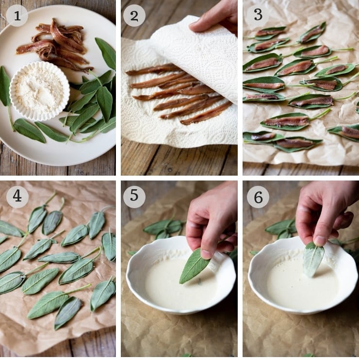 Step by step photos for making fried sage leaves