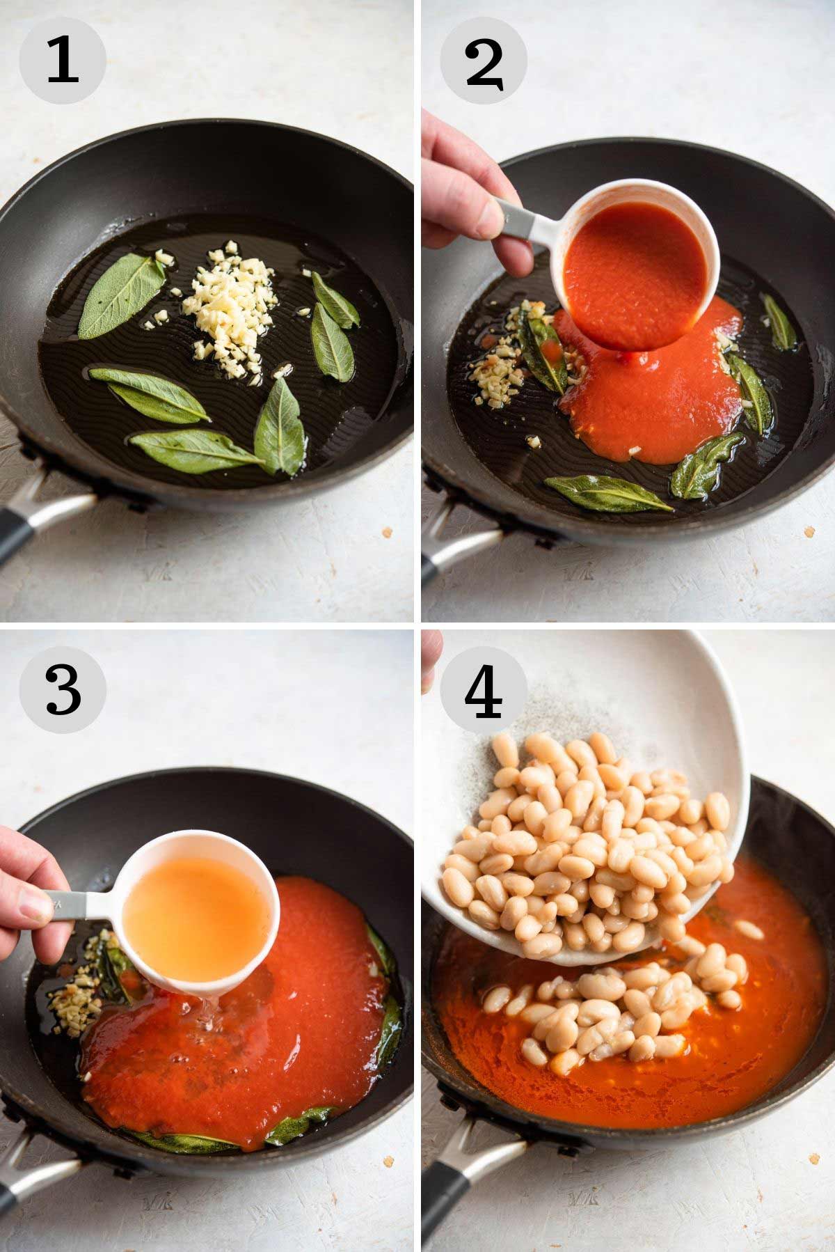 Step by step photos showing how to make fagioli all'uccelletto (beans in tomato sauce)