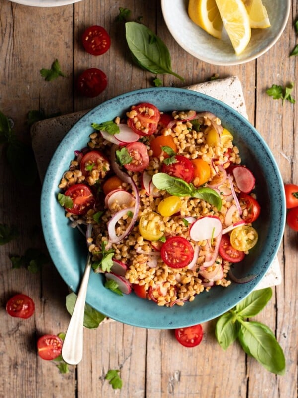 An overhead shot of an Italian farro salad in a bowl