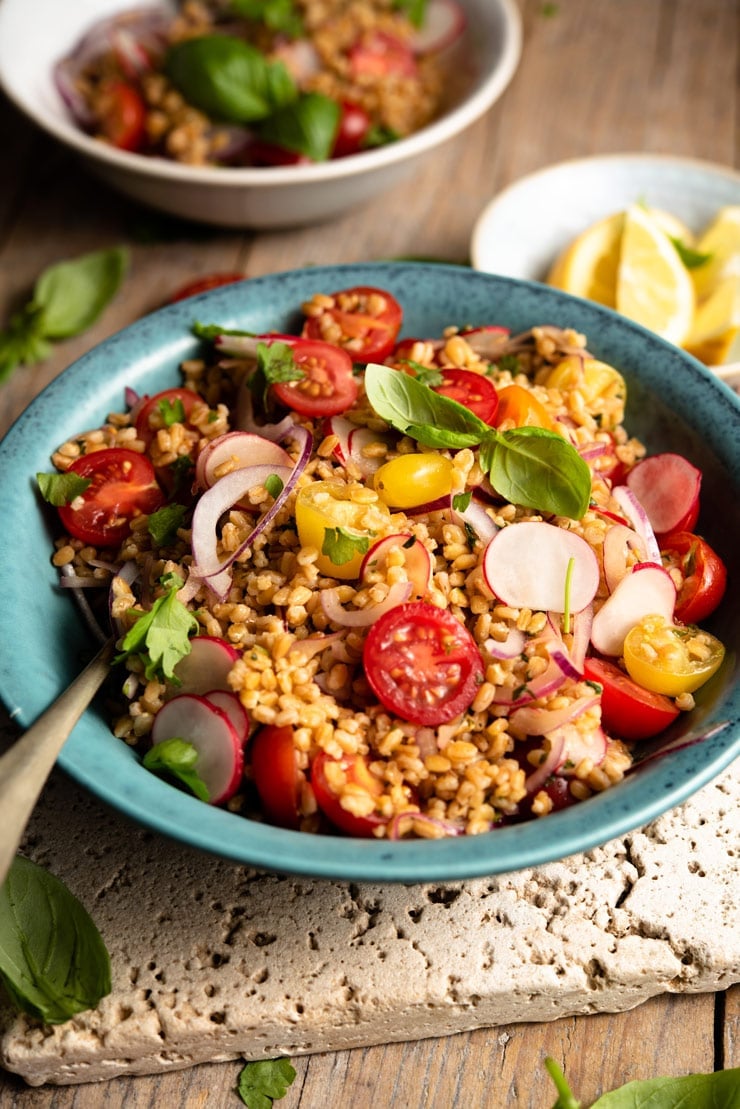 A close up of a farro salad in a blue bowl with basil and cherry tomatoes