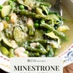 A pinterest graphic for minestrone primavera showing a close up of a green vegetable soup.
