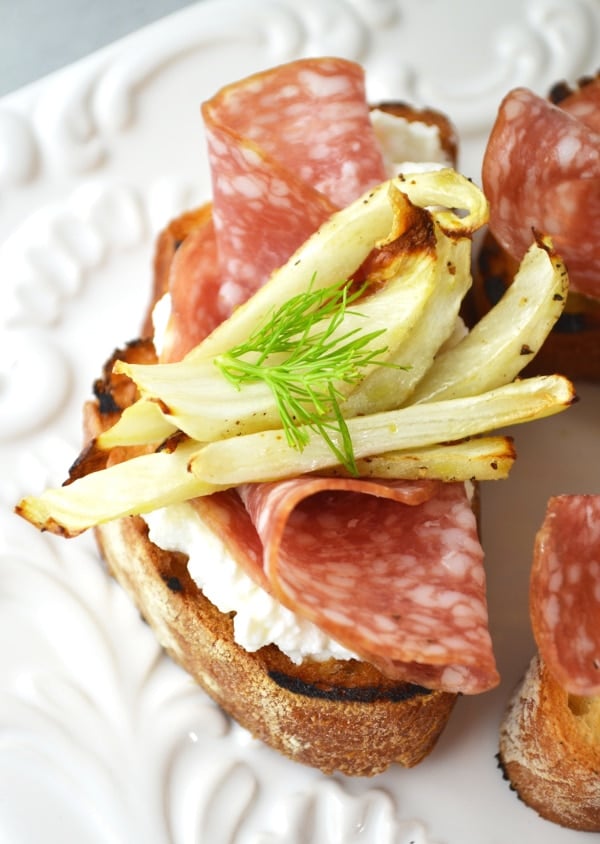 Roasted fennel, salami and ricotta crostini www.insidetherustickitchen.com