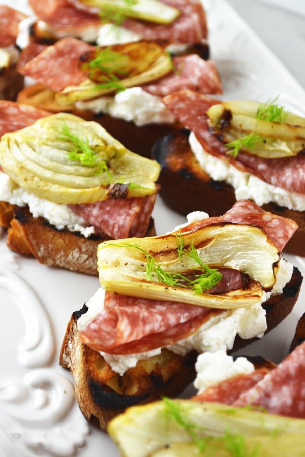 Roasted fennel, salami and ricotta crostini www.insidetherustickitchen.com