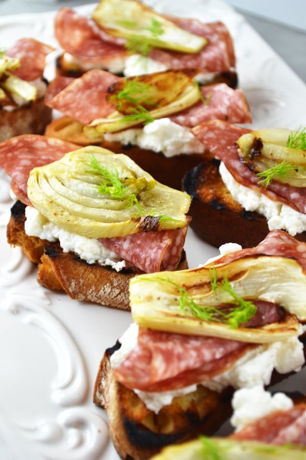 Roasted fennel, salami and ricotta crostini www.insidetherustickitchen.com