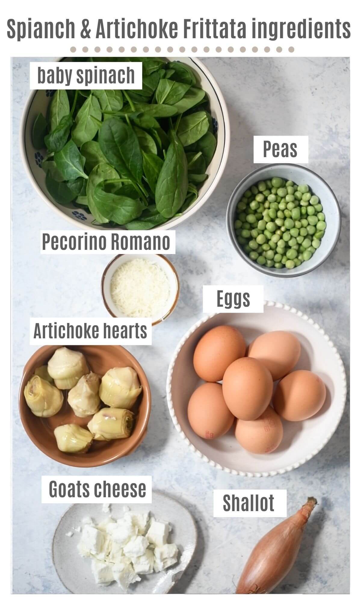 An overhead shot of all the ingredients needed to make a spinach and artichoke frittata.