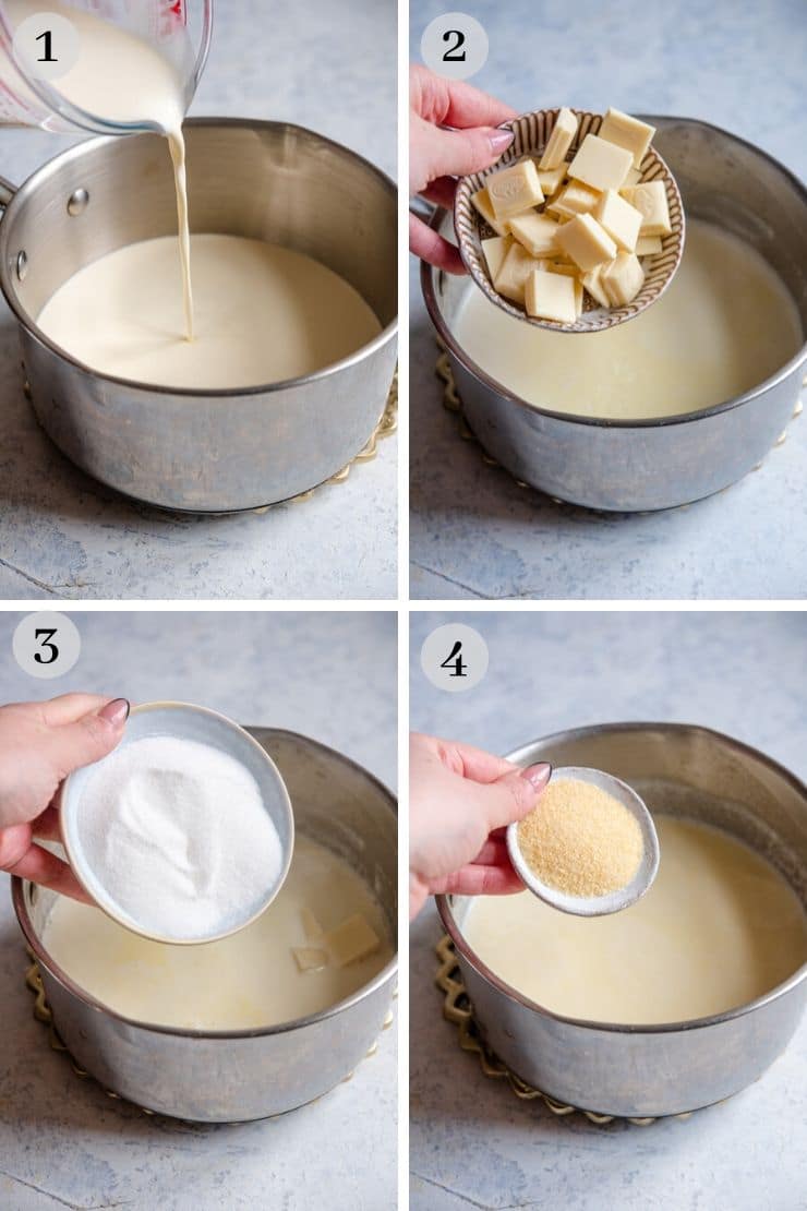 Step by step photos showing how to make white chocolate panna cotta