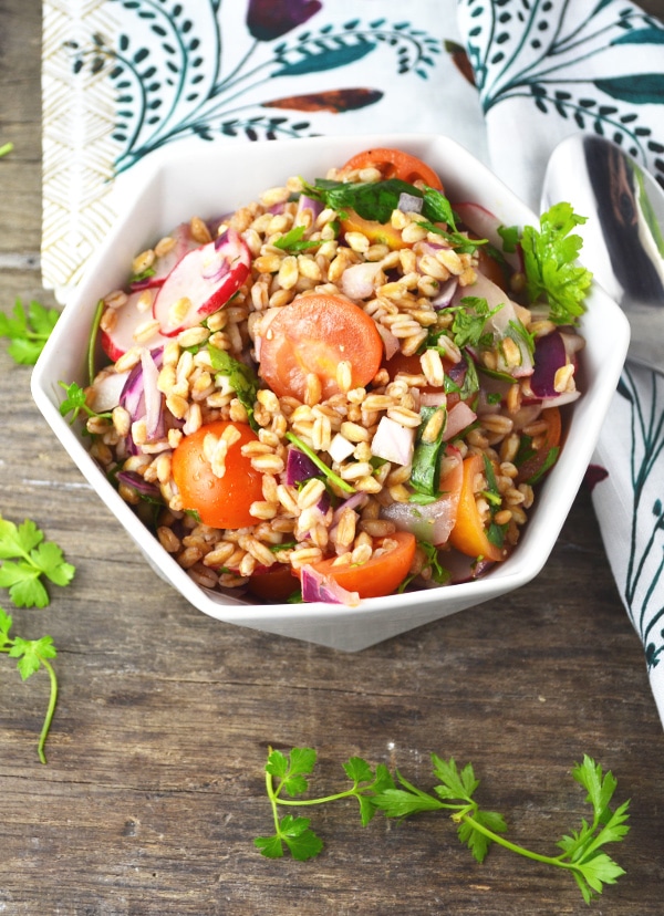 Farro Salad with Tomatoes, Radish and Herbs Inside The Rustic Kitchen