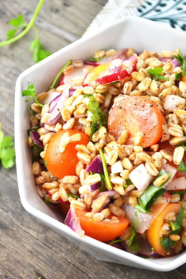 Farro Salad with Tomatoes, Radish and Herbs Inside The Rustic Kitchen