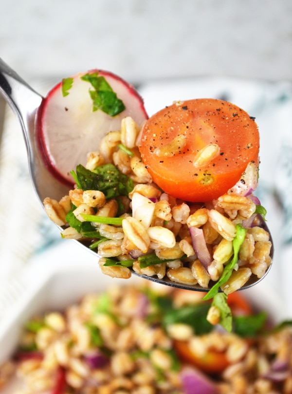 Farro Salad with Tomatoes, Radish and Herbs Inside The Rustic Kitchen