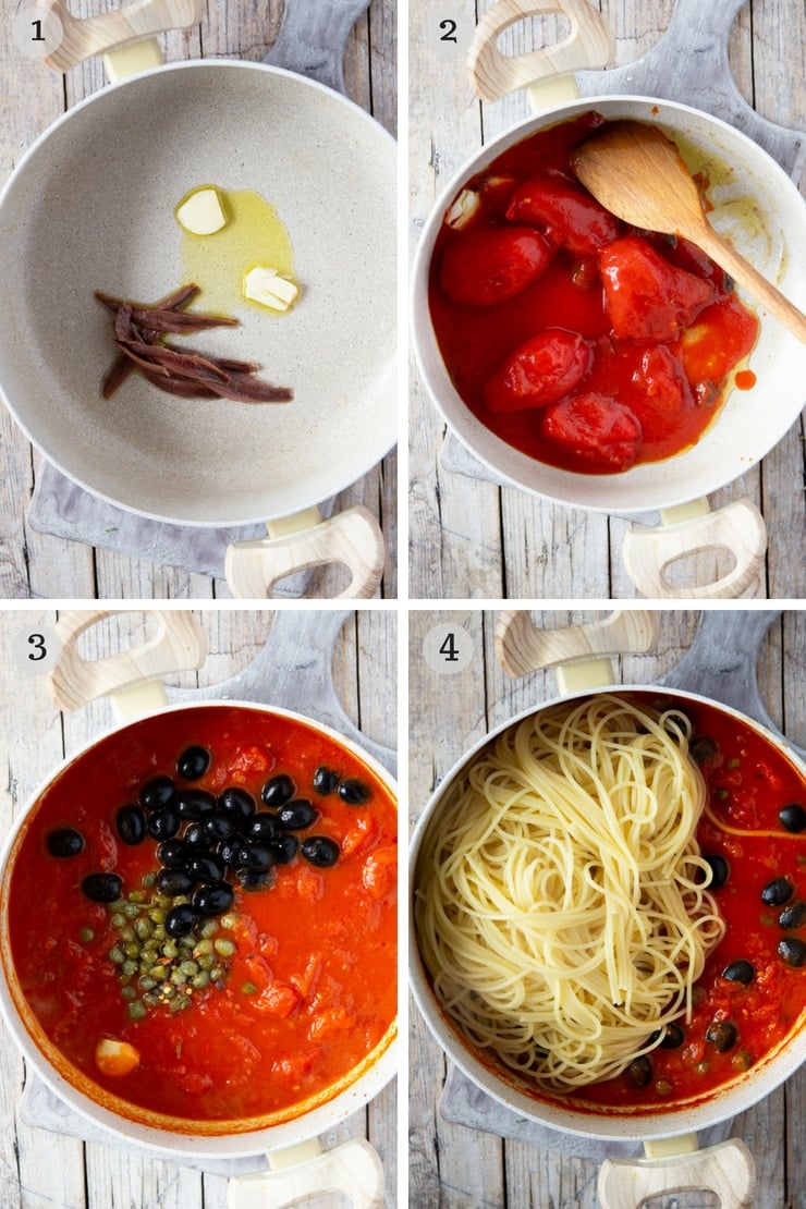 Step by step photos for making spaghetti with puttanesca sauce