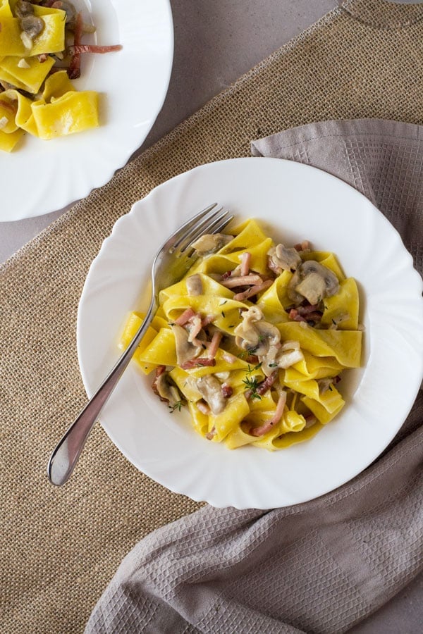 Speck and Mushroom Pappardelle www.insidetherustickitchen.com