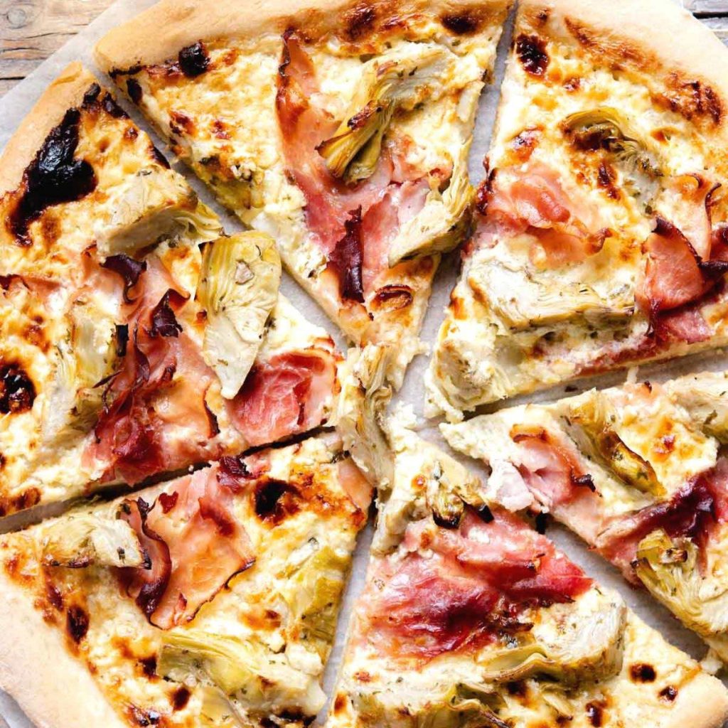 Cheesy Artichoke Pizza with Prosciutto Cotto Inside The Rustic Kitchen