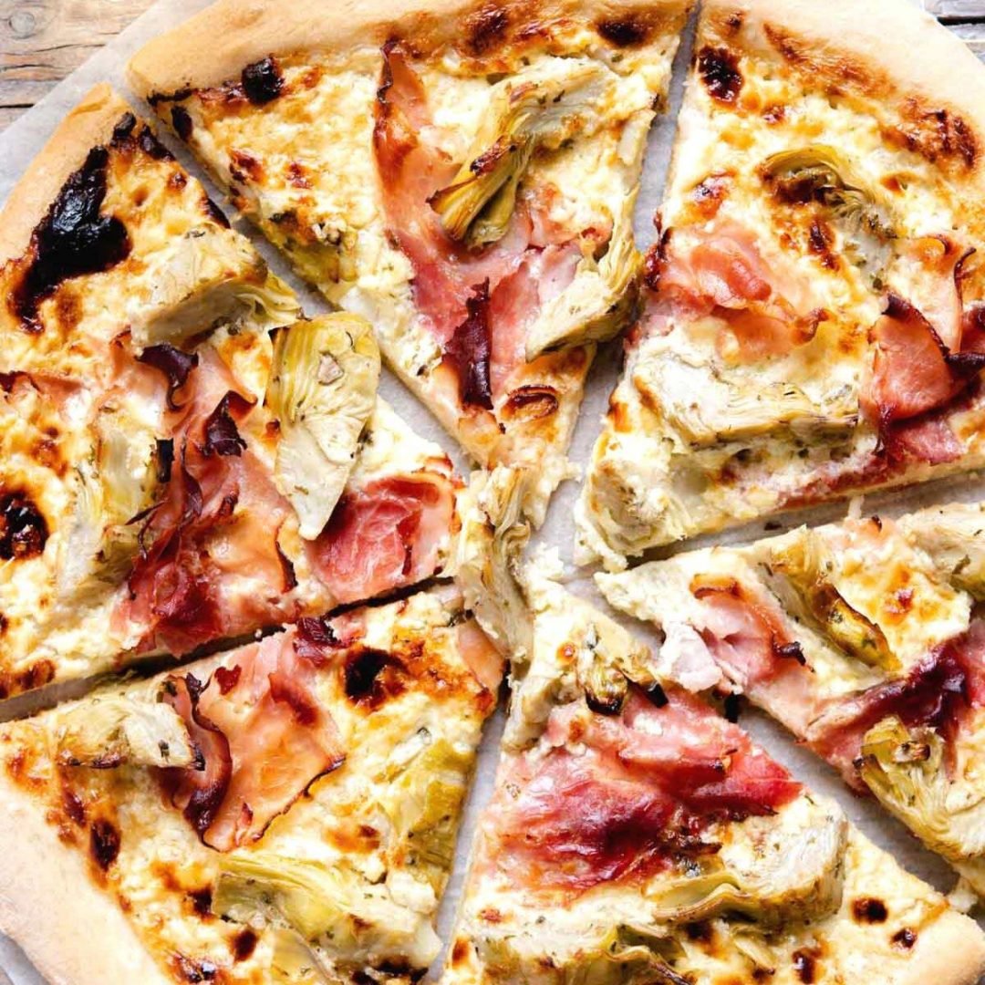 Cheesy Artichoke Pizza with Prosciutto Cotto Inside The Rustic Kitchen