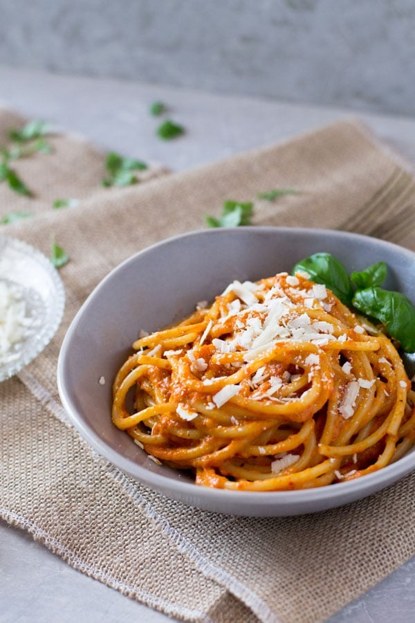 bucatini with roasted red pepper cream sauce-inside-the-rustic-kitchen