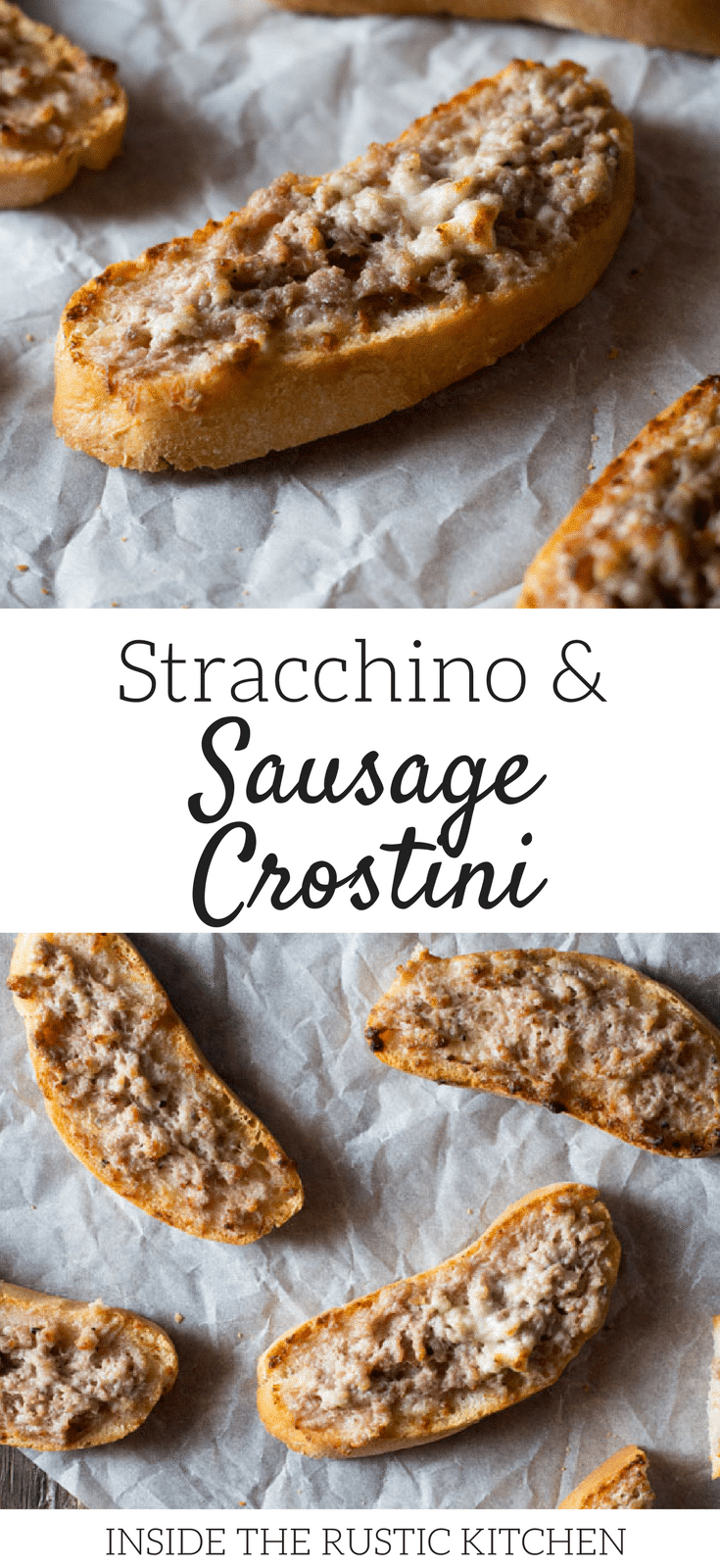 This two ingredient stracchino and sausage crostini is so simple and crazy delicious. Tangy, soft cheese is mixed with Italian sausage and spread on some thick crusty bread. An easy sausage crostini recipe you're sure to love. More authentic italian recipes at Insidetherustickitchen.com