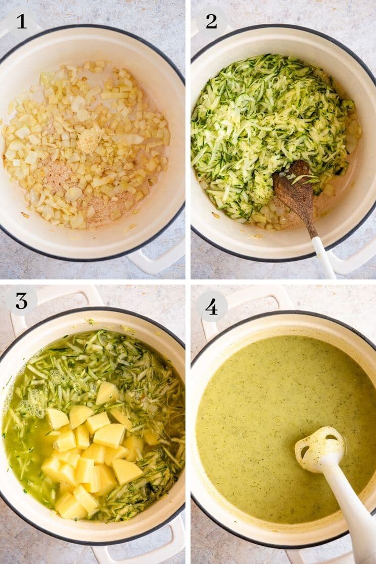 Step by step photos for making creamy zucchini soup