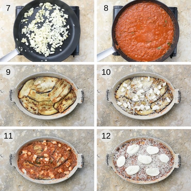 Step by step photos for assembling eggplant parmigiana