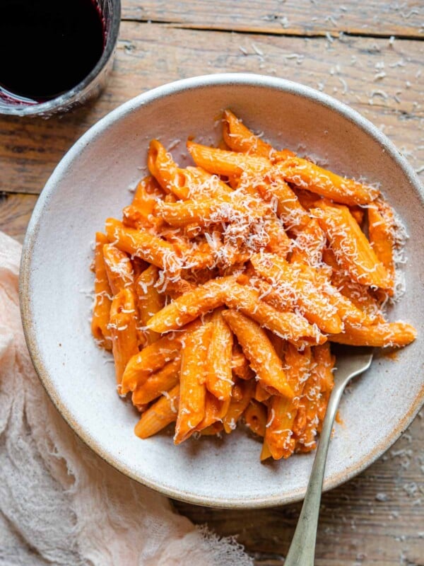 An overhead shot of penne alla vodka