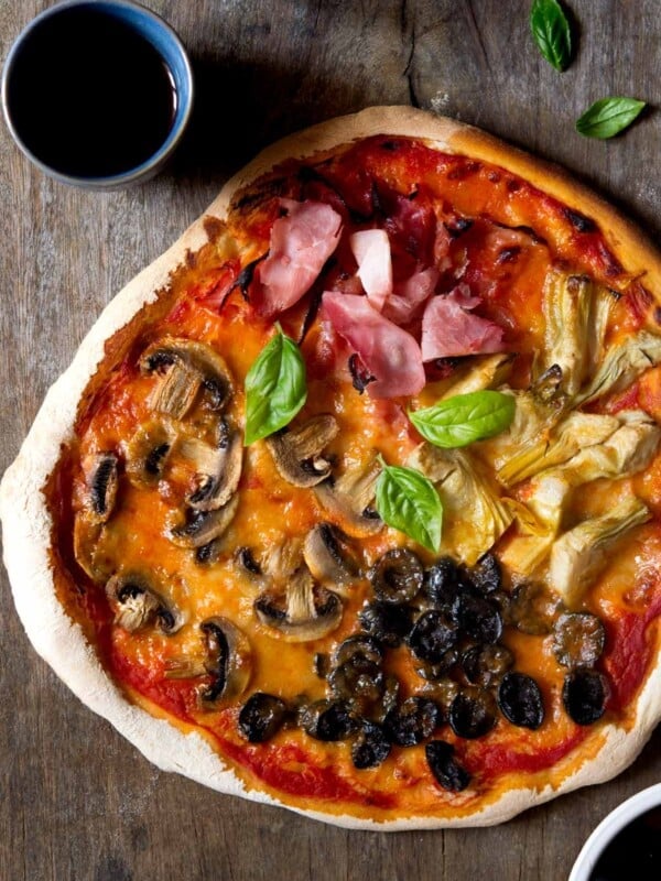 AN overhead shot of a four seasons pizza