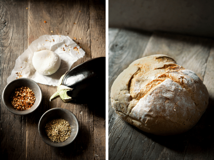 Two photos one of eggplant, mozzarella, red pepper flakes and fennel seeds laid out on a wooden surface. The next is a loaf of crusty bread on a wooden surface. Eggplant bruschetta with mozzarella