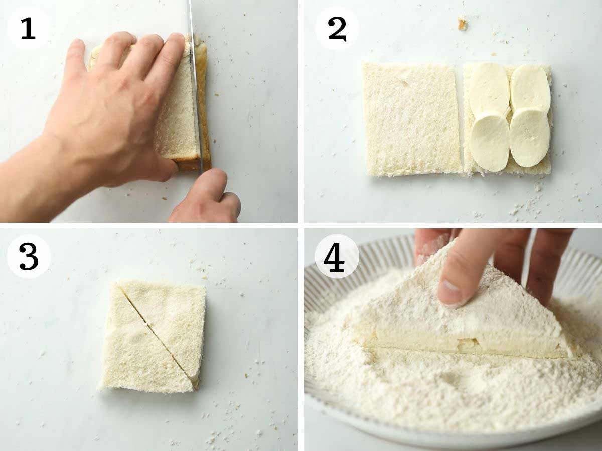 Step by step photos showing how to prepare fried mozzarella sandwiches