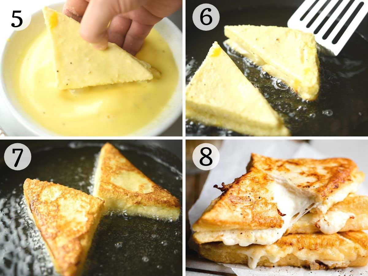 Step by step photos showing how to fry mozzarella in carrozza sandwiches