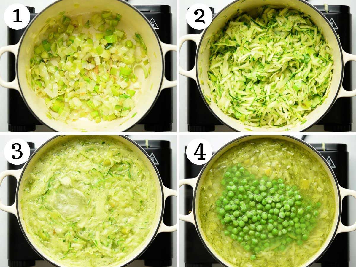 Step by step photos showing how to make green pea soup