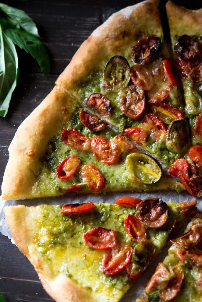 Basil Pesto Pizza with Mozzarella & Roasted Tomatoes Inside The