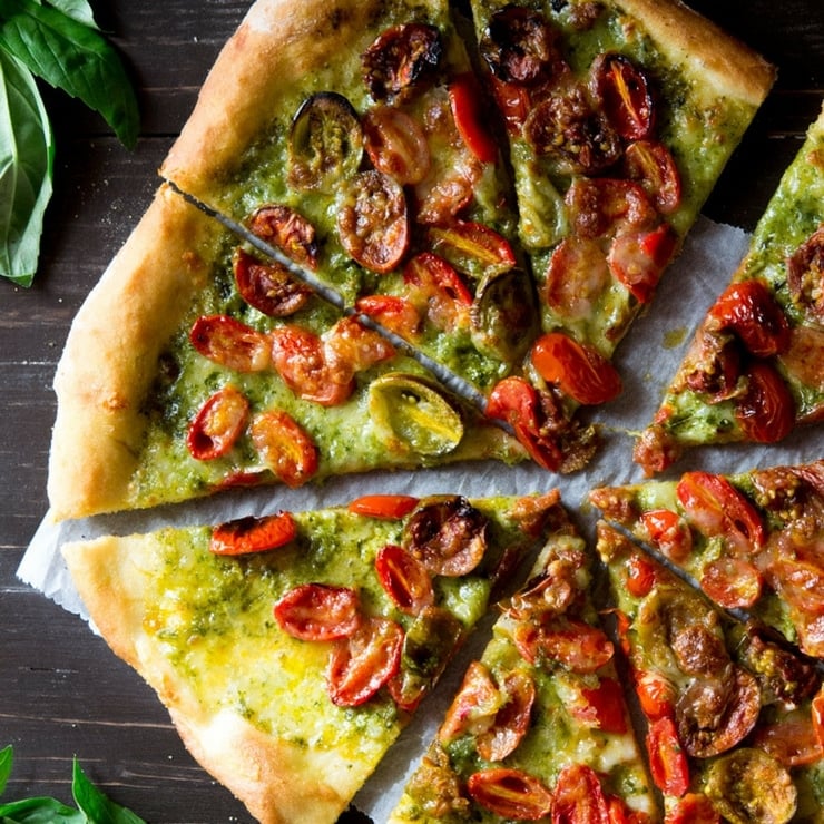 Basil Pesto Pizza with Mozzarella & Roasted Cherry Tomatoes