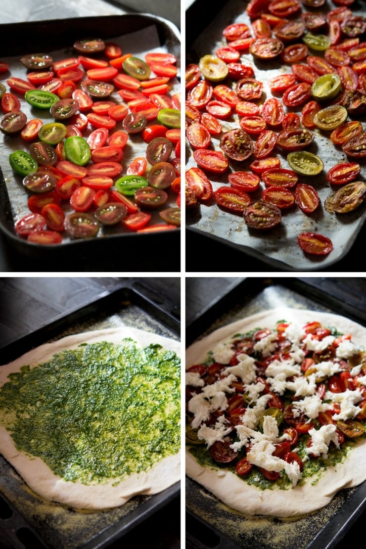 step by step photos on how to roast tomatoes and make a basil pesto pizza