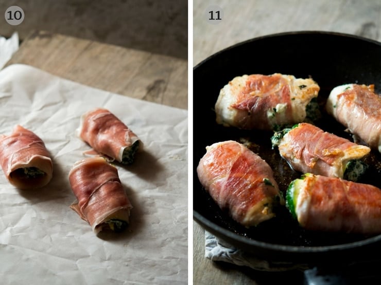 Step by step photos of wrapping chicken involtini in prosciutto